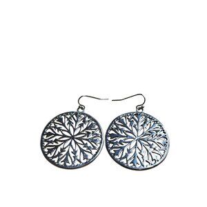Silvertone Floral Medallion Circle Dangle Earrings 1.5 inches